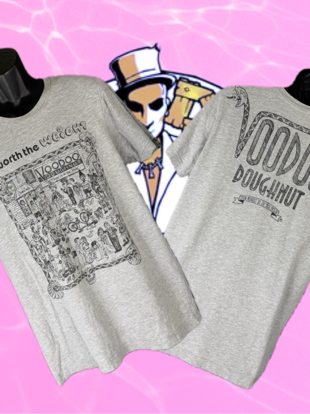 Voodoo Doughnut It’s Worth The Weight Dennis Adler Artist Portland Gray Tee Sz L